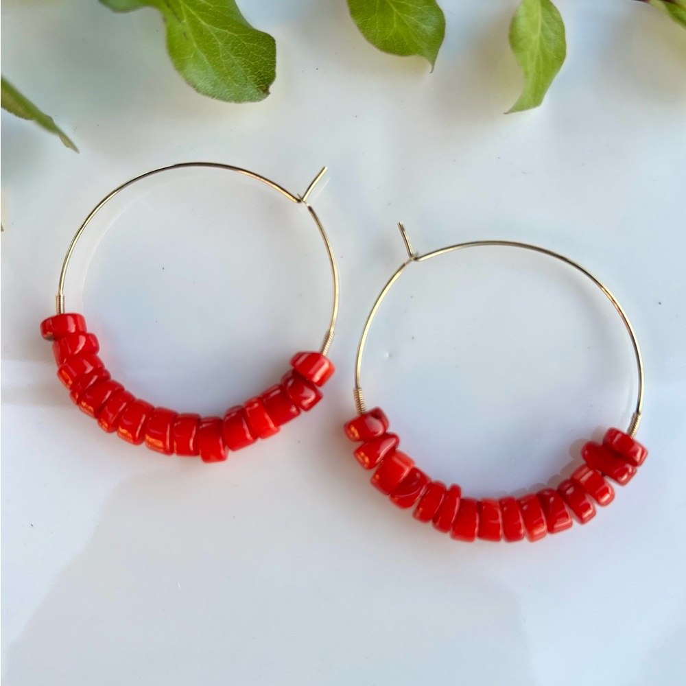 14kGF thin hoops with genuine red coral